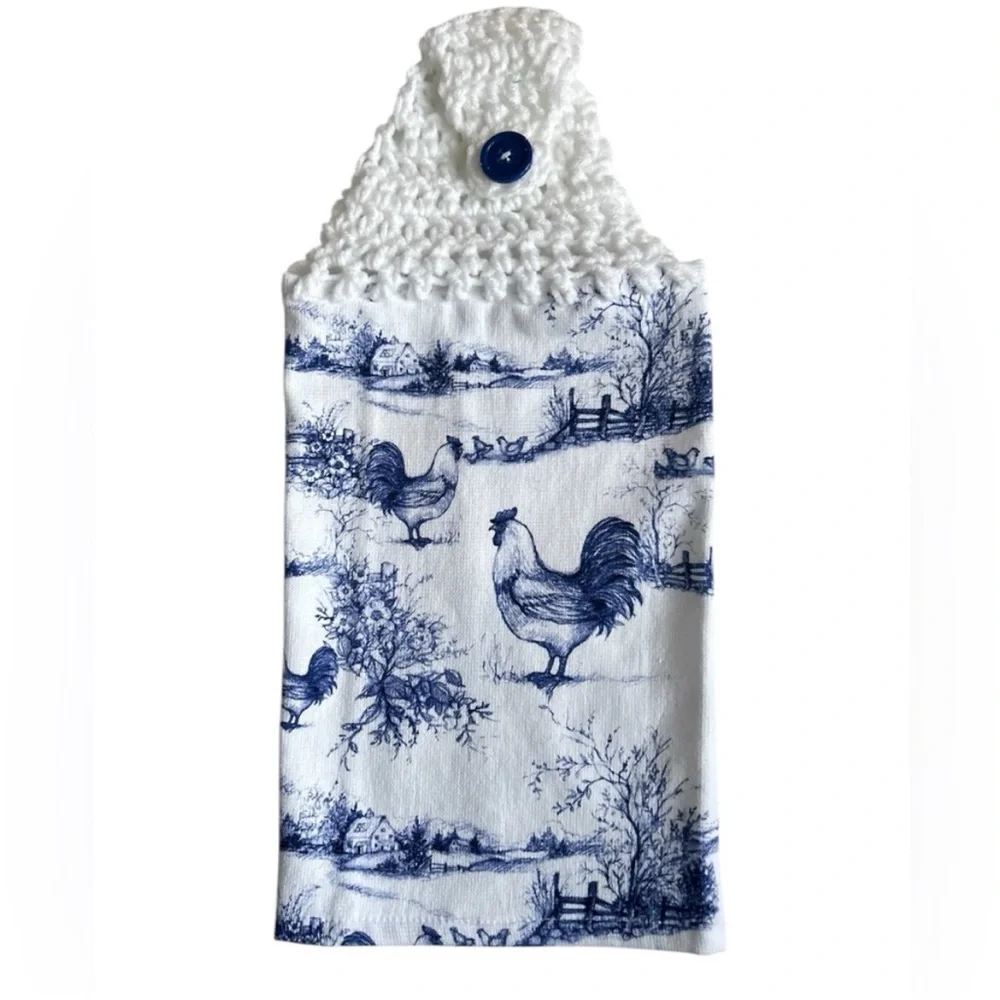 Hand Crafted Farmhouse Blue and White Hanging Rooster Kitchen Hand Towel